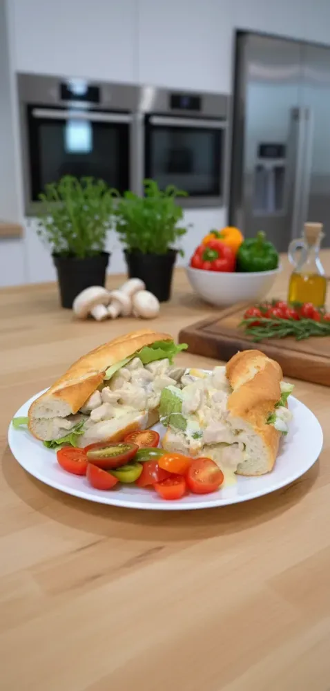 وجبة الدجاج والفطر بصوص الكريمة مع خبز الباغيت الفرنسي