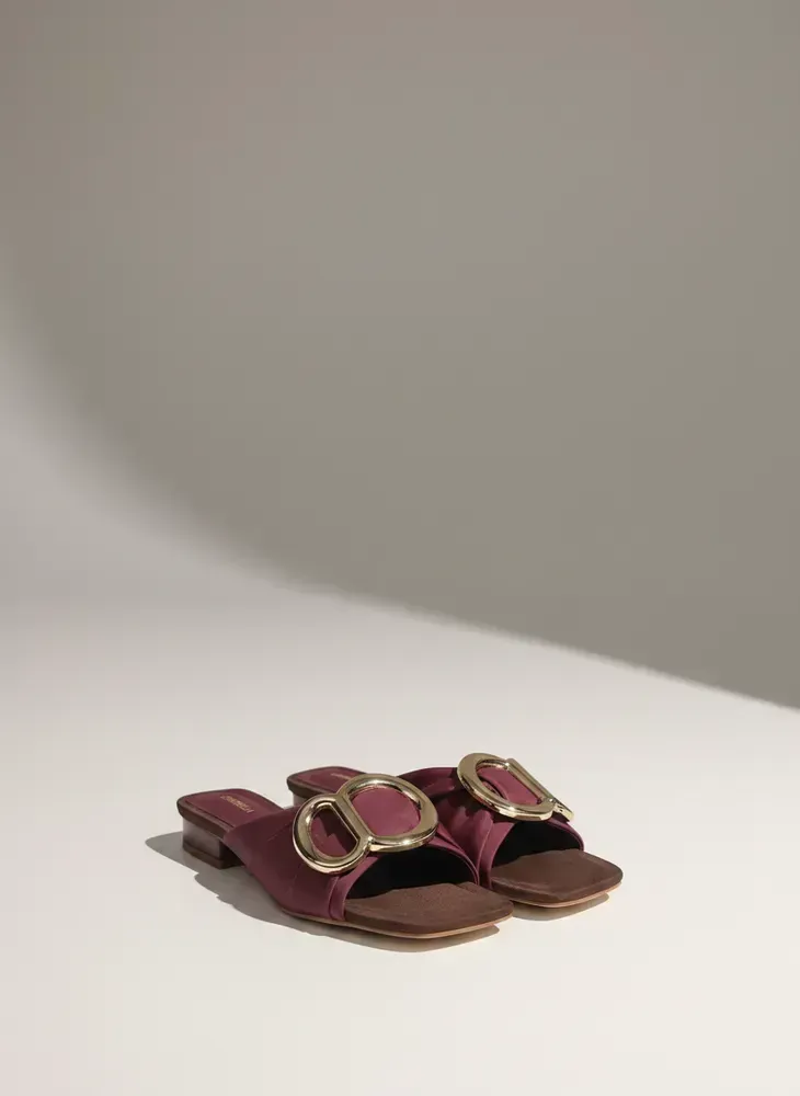 Chrisbella Luxe Gold-Buckle Burgundy Mule Slides