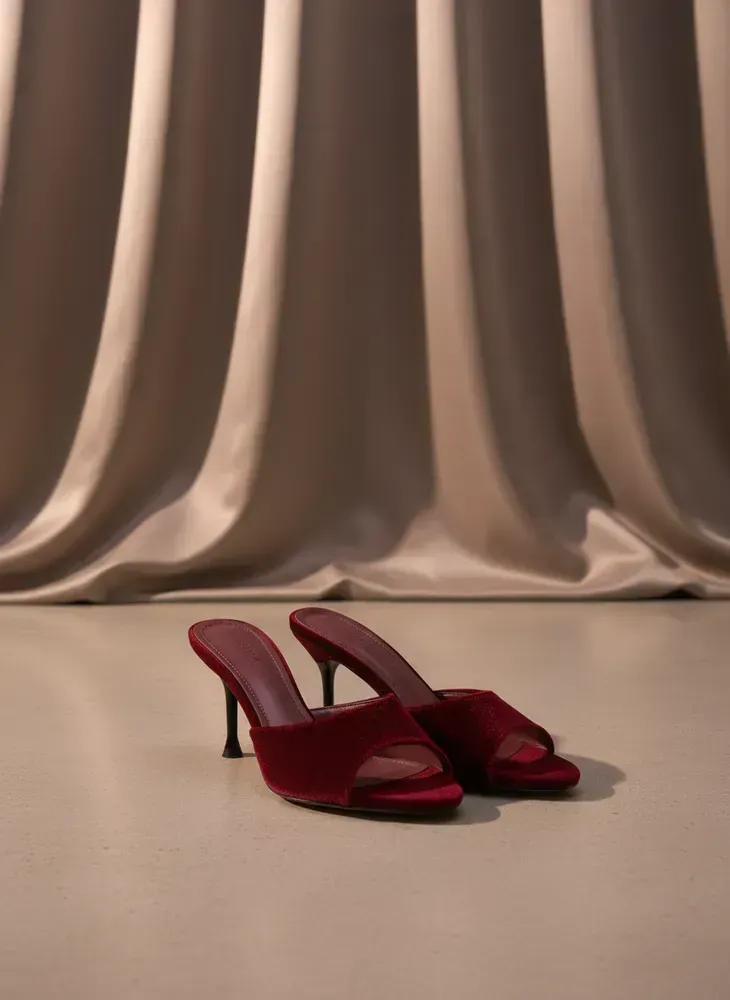 Chrisbella Velvet Wine Red Heeled Mules