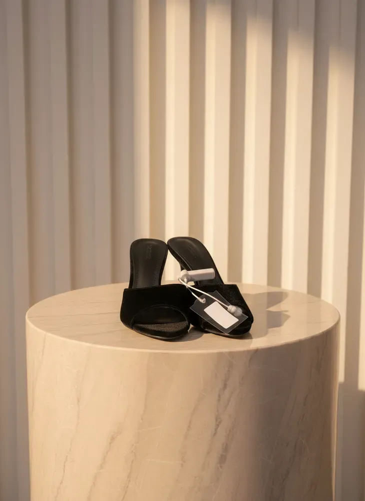Black Velvet Open-Toe Heeled Mules