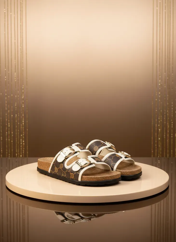 Luxe Heart Print Buckle Slide Sandals